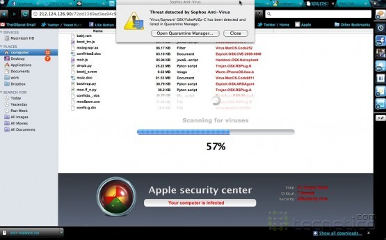 Al oprimir "OK" comenzo a "escanear". Mi antivirus Sophos lo detecto inmediatamente que bajo el archivo, como se puede apreciar.