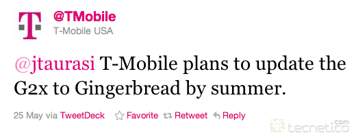 T-Mobile en Twitter T-Mobile anuncia a través de su cuenta de Twitter la disponibilidad de Gingerbread para este verano