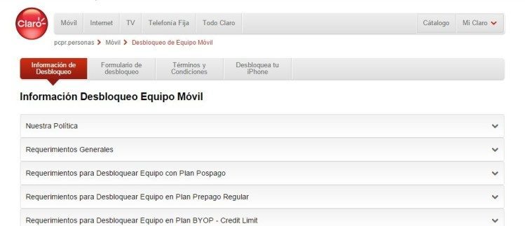 Captura de pantalla del sitio web de Claro Puerto Rico para el desbloqueo de teléfonos celulares adquiridos en esta empresa