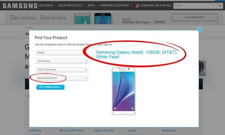 Captura de pantalla del sitio de Samsung que muestra el modelo con 128gb del Note 5 para AT&T.