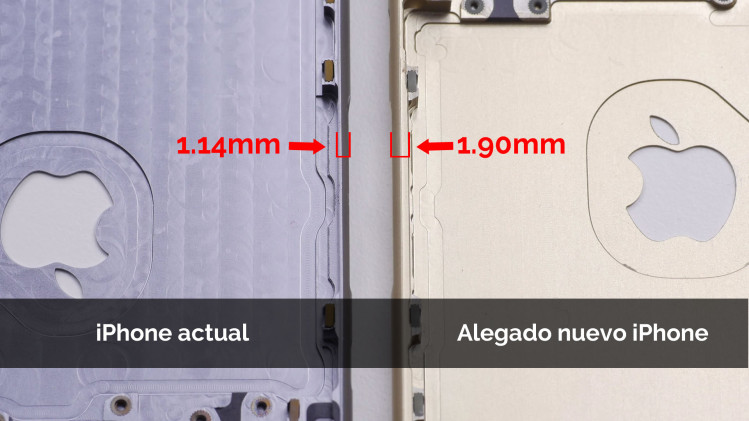 Diferencias de  construcción entre el la tapa trasera del iPhone actual y el alegado próximo iPhone (fuente y foto: Unbox Therapy)