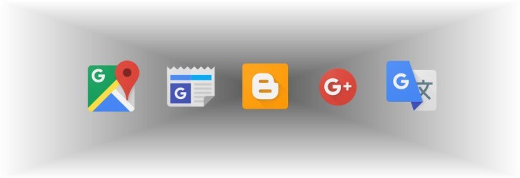De izquierda a derecha, los nuevos í­conos para Google Maps, Google News, Blogger, Google+ y Google Translate