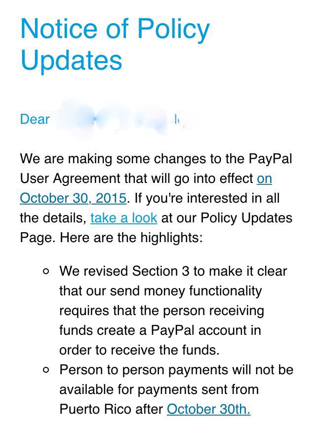 Imagen del email de notificación que PayPal está enviando a sus usuarios.