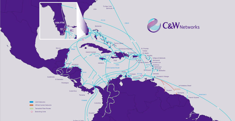 Las lí­neas color azul claro indican la localización, extensión y ruta de los cables submarinos propiedad total o parcial de Cable & Wireless (suministrada)