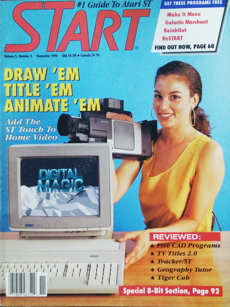 Portada de la edición de noviembre de 1990 de la revista STart. La historia de portada y las gráficas en el monitor de la computadora son creación de Wilton Vargas.