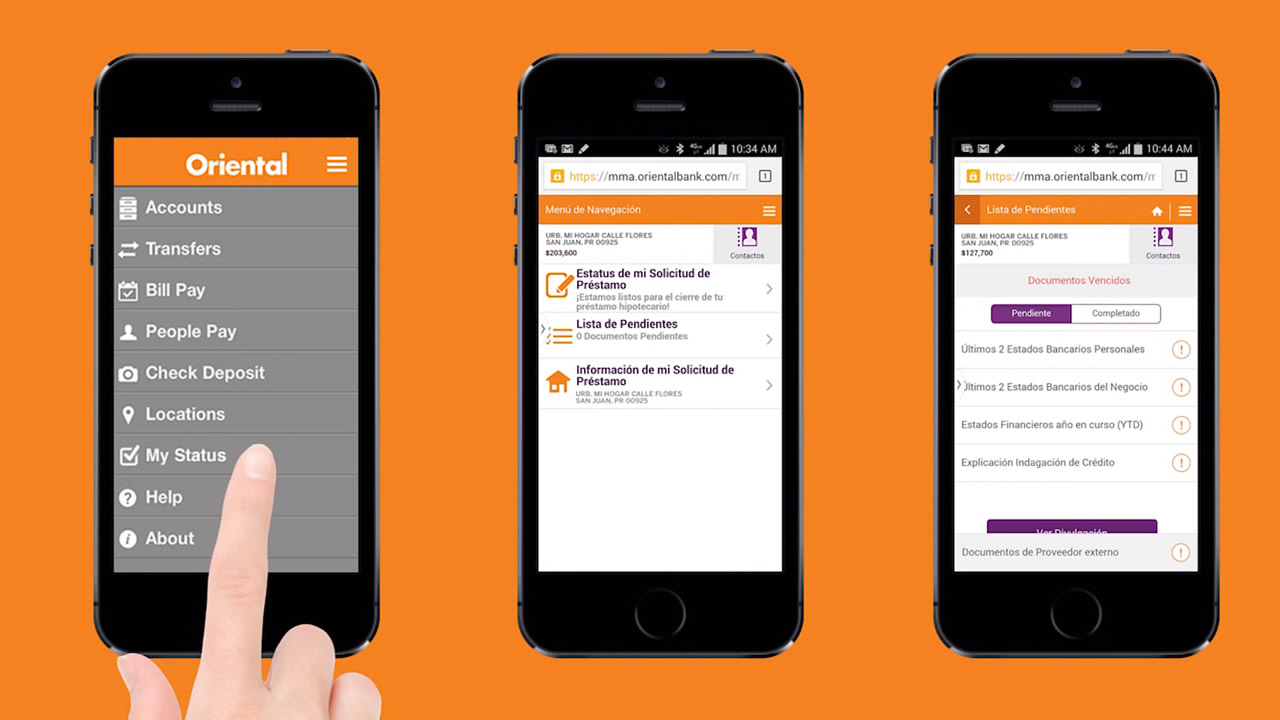 Una de las opciones para acceder "My Status" de Oriental lo es por medio del app de banca móvil de Oriental (suminstrado)