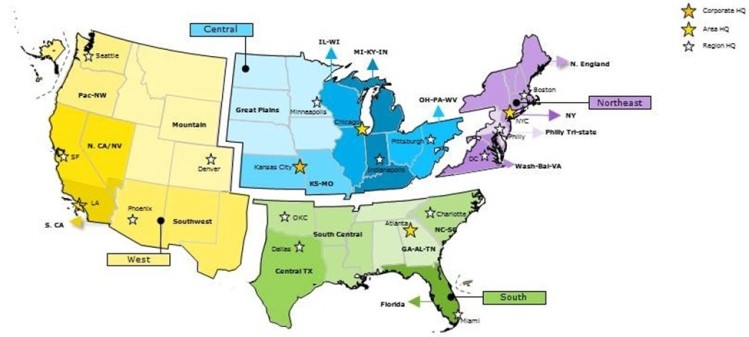 Este mapa muestra cómo Sprint ha dividido a Estados Unidos en cuatro regios para propósitos de mercadeo. Puerto Rico no figura como parte de ninguna de estas regiones. (suministrada)