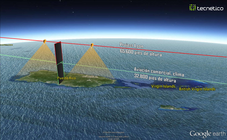 Ilustración de la ubicación de los globos de Loon sobre Puerto Rico y cómo estos proyectan señal a tierra. Ilustración: Google Earth / Project Loon / Tecnético