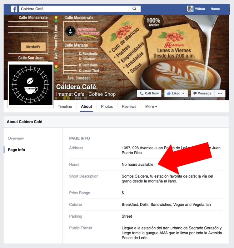 La página en Facebook de Caldera Café
