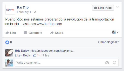 Actualización publicada en la página de KarTrip en Facebook