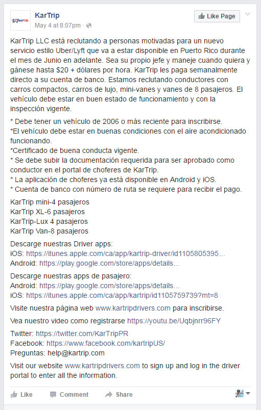 Publicación del 4 de mayo de 2016 en Facebook compartida por usuarios de esta red social en donde KarTrip explica los requisitos de reclutamiento