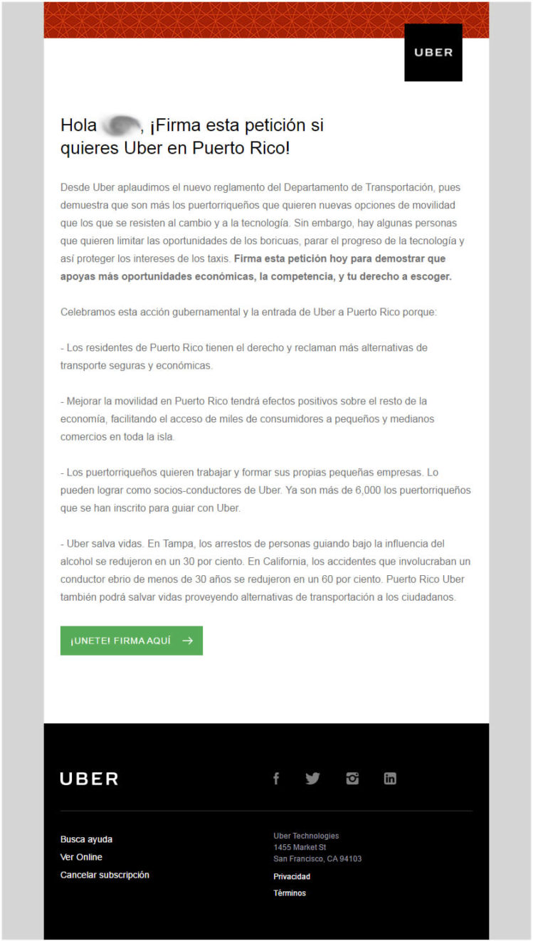 Comunicación por email que Uber está enviando a potenciales usuarios en Puerto Rico