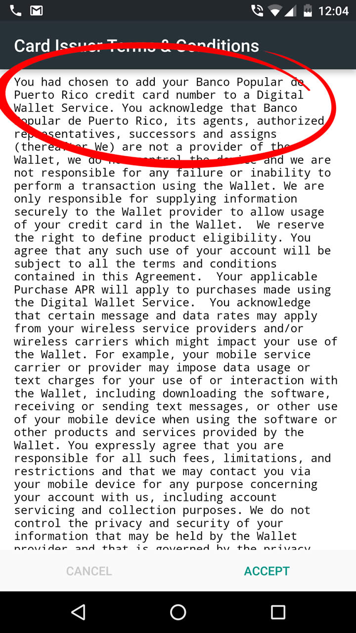 Tras registrar la tarjeta con el app de Android Pay, este reconoce que es del Banco Popular y presenta los términos y condiciones correspondientes (imagen: Tecnético)