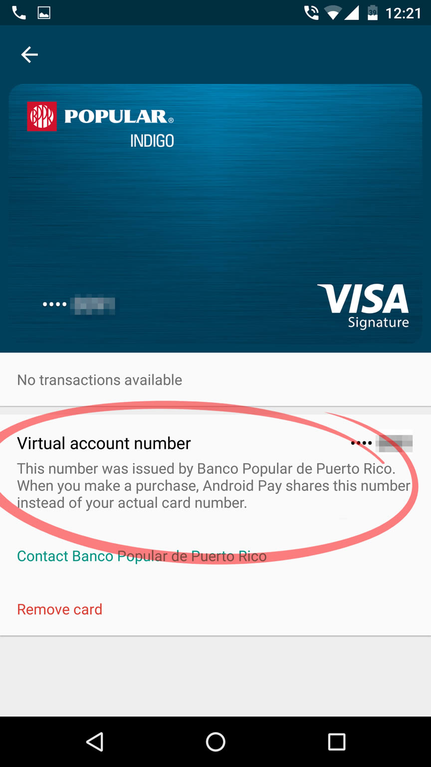 Una vez se completa el proceso, una gráfica de la tarjeta producida por Banco Popular para Android Pay aparece en el app de Android Pay. (imagen: Tecnético)
