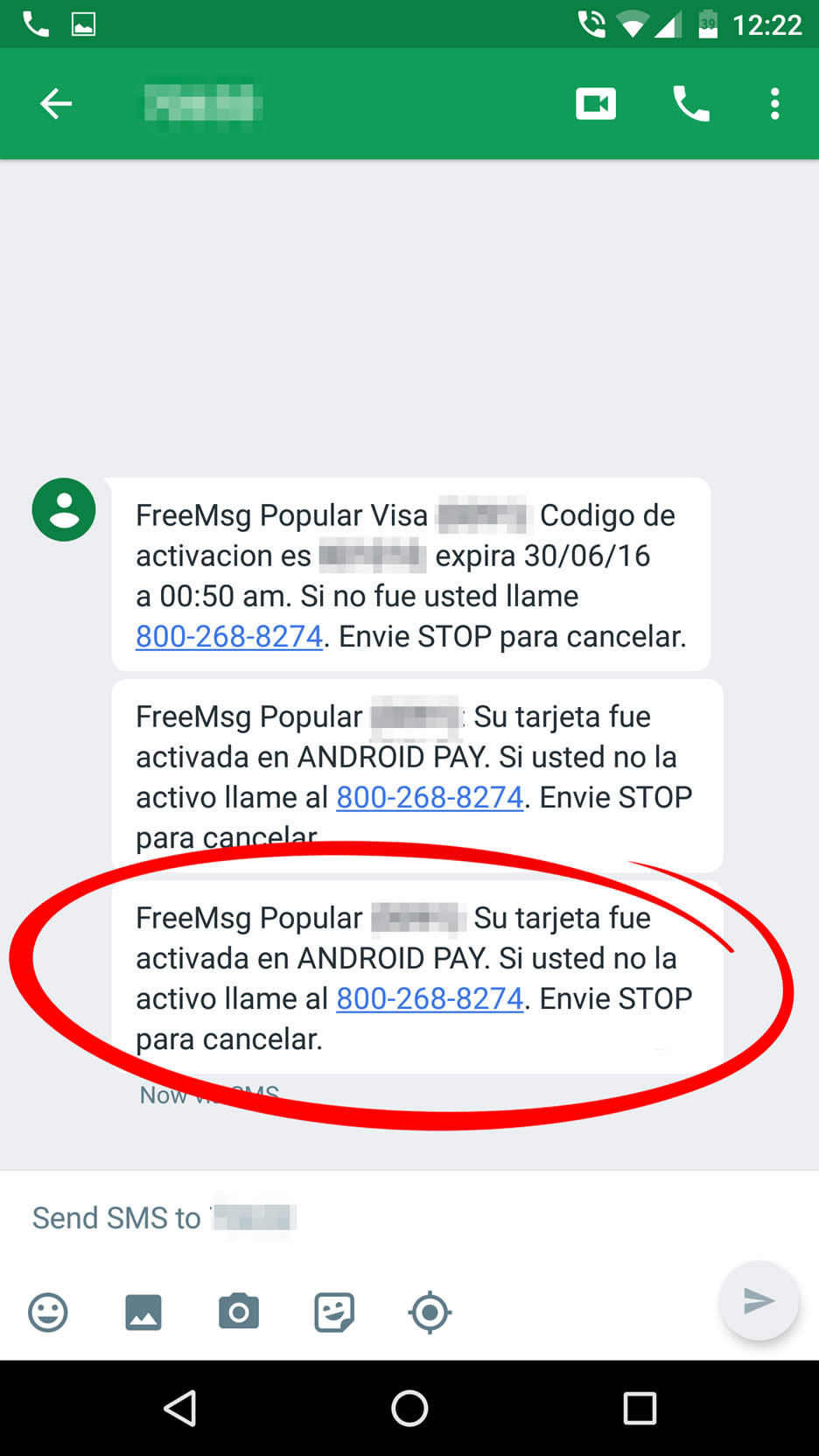 Finalmente, un mensaje de texto es enviado al celular por Banco Popular donde claramente indica que la tarjeta fue activada en Android Pay (imagen: Tecnético)
