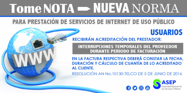 En este aviso de ASEP acerca de la resolución AN No. 10130-TELCO, la agencia gubernamental comunica el nuevo beneficio que recibirán los suscriptores en caso de fallas en el servicio de acceso a internet (imagen: ASEP)