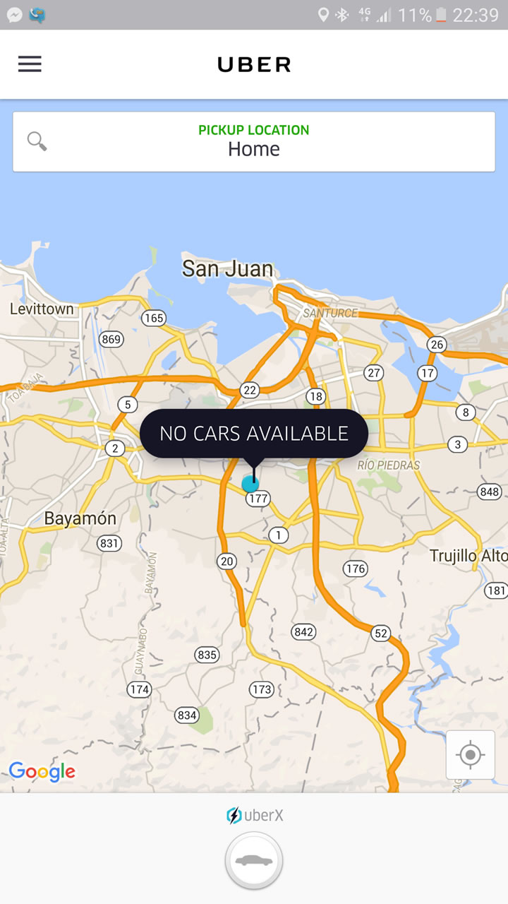 Así luce el app de Uber luego que se ordenara la paralización del servicio en Puerto Rico por un Tribunal de San Juan.