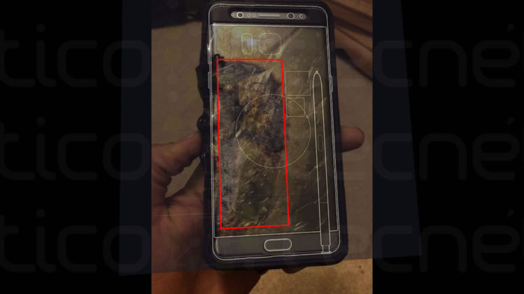 Gráfica ilustra el posicionamiento de la baterí­a/pila (rectángulo rojo) del Galaxy Note 7 y su co-relación con los daños causados por la alegada explosión del Galaxy Note7 propiedad del usuario de YouTube Ariel González (foto: Ariel González/YouTube | Gráfica: Samsung | Fotocomposición: Tecnético)