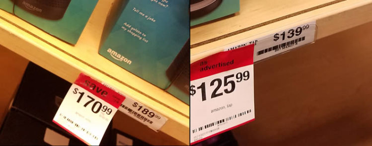 Etiquetas indicando los precios especiales del Echo y el Tap de Amazon en Sears, Plaza Las Américas, Puerto Rico (foto: Tecnético)