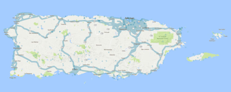 Las lí­neas azules indican los lugares registrados por Google en "Street View" (captura de pantalla por Tecnético)