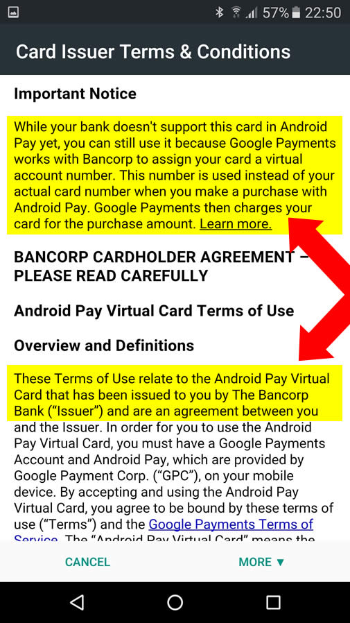 Este era el documento legal que hasta hace poco aparecía al registrar una tarjeta de Popular en Android/Samsung Pay (captura de pantalla)