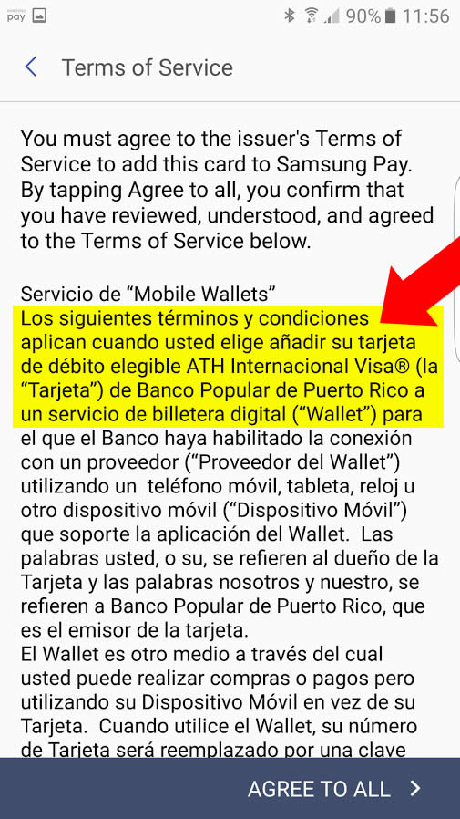 El texto de términos y condiciones en Samsung Pay ha sido reemplazado por uno específico para clientes de Banco Popular con tarjeta Visa ATH (captura de pantalla)