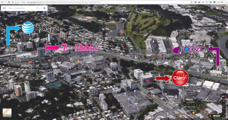 El mapa muestra la ubicación de cuatro de las cinco empresas de telefoní­a móvil en Puerto Rico (foto: Google Maps, montaje: Tecnético)