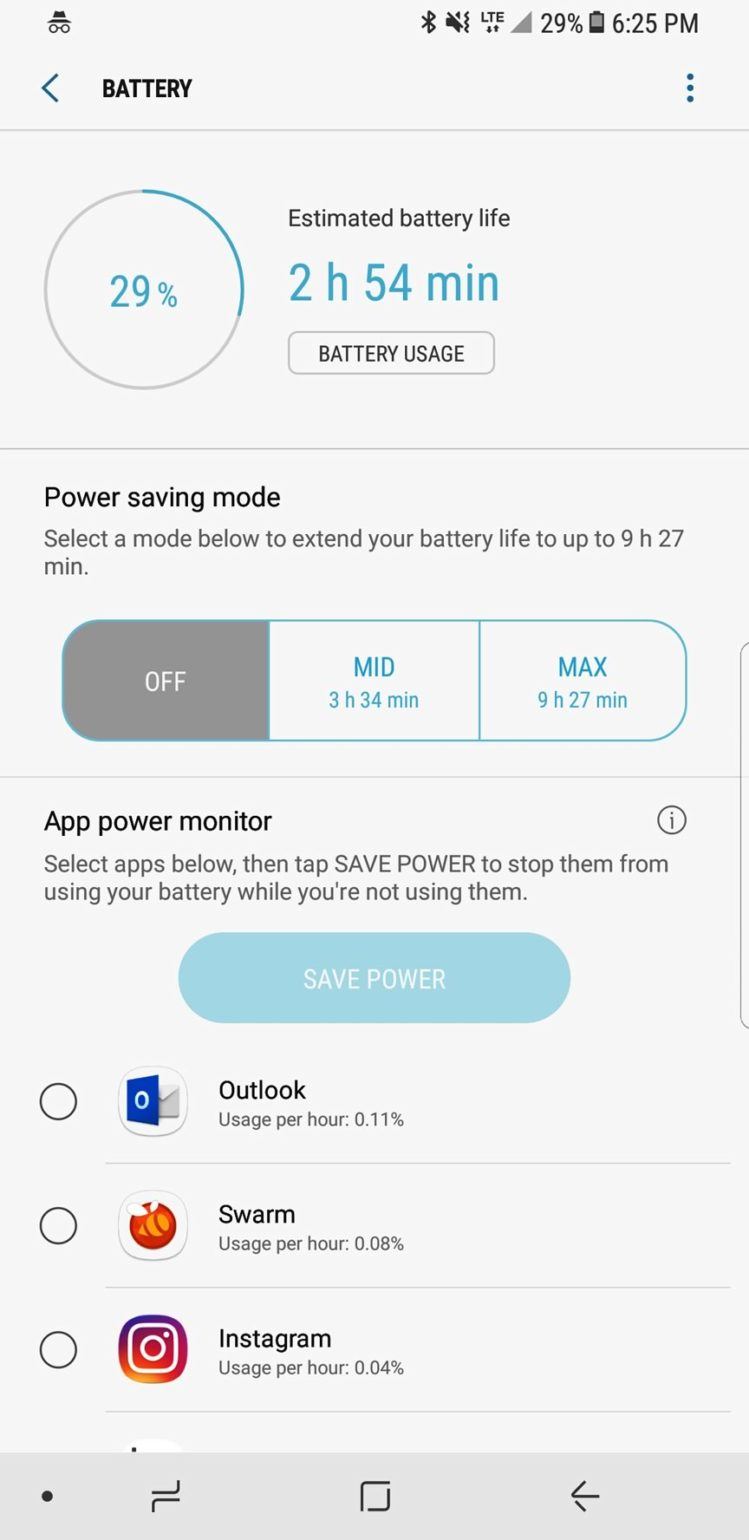 Página en el área de ajustes o "settings" del Galaxy S8+ con información completa sobre la batería/pila (captura de pantalla: Wilfredo Ruíz/Tecnético)