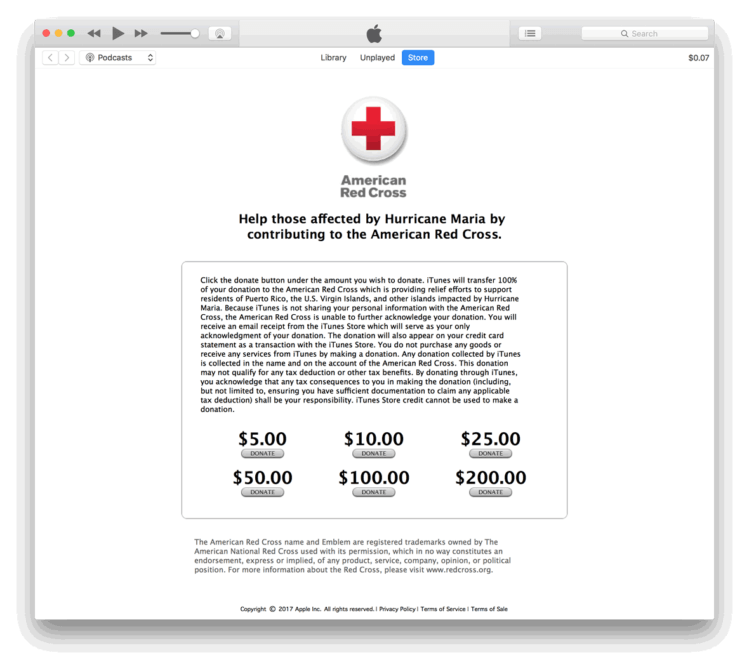 La empresa Apple ha dispuesto dentro de la tienda iTunes un área para recibir donaciones monetarias de hasta $200 para ayudar a los damnificados por el huracán María (captura de pantalla: Tecnético)