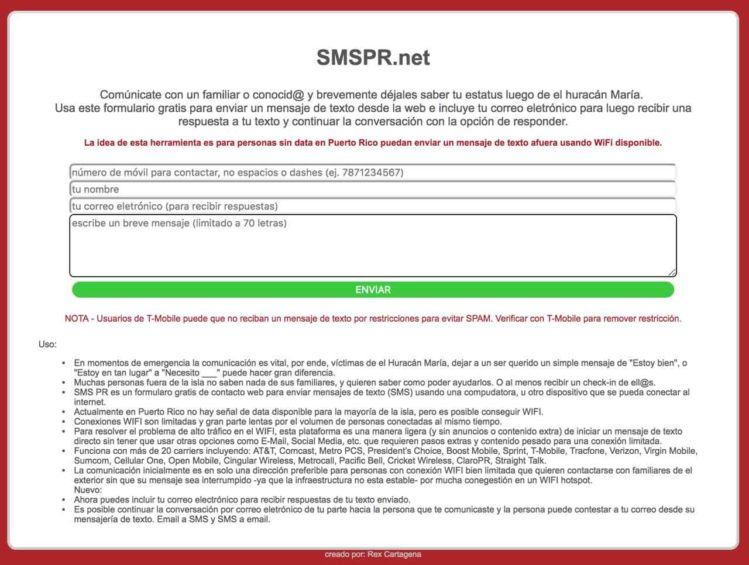 Captura de pantalla del servicio para comunicación por mensajes de texto SMSPR.NET
