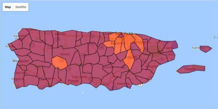 El color rojo del mapa indica lugares donde entre el 81 al 100% de las antenas celulares están sin operar (fuente: FCC)