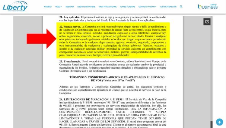 La cláusula 22 del contrato de Liberty claramente especifica que la empresa no será responsable por "retrasos o fallas en rendimiento" por causas de fuerza mayor (captura de pantalla de Libertypr.com)