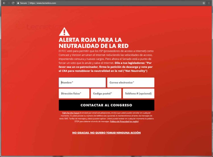 Una vez hagan click o toquen el aviso en Tecnetico.com, el usuario verá esta forma donde podrá unirse a la causa para salvar el Net Neutrality.