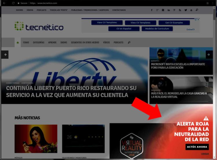 Captura de pantalla muestra el área en Tecnetico.com donde nuestros visitantes podrán conocer más sobre cómo apoyar el esfuerzo para salvar el "net neutrality"