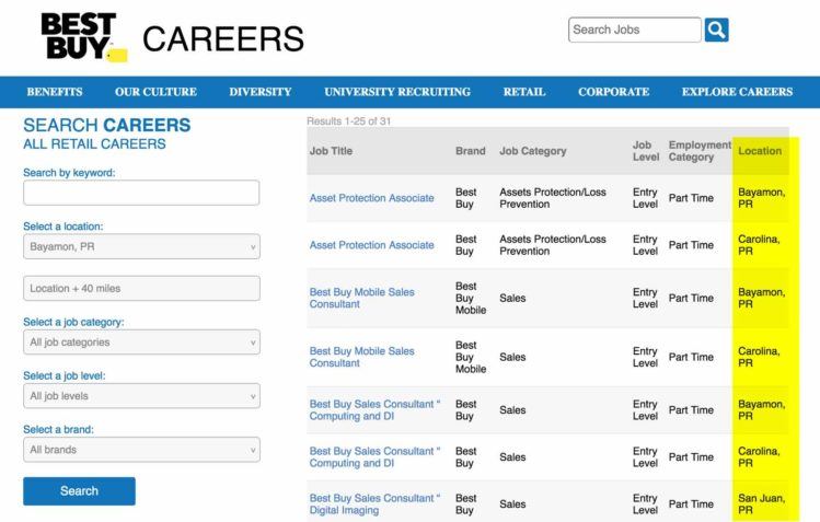 Listado parcial de puestos de trabajo disponibles para las tiendas de Bayamón y Carolina de Best Buy (captura de pantalla)