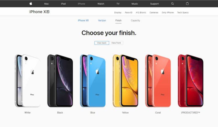 Variedad de colores disponibles del iPhone XR, uno de tres nuevos modelos de iPhone lanzados por Apple en 2018 (foto: Apple.com)