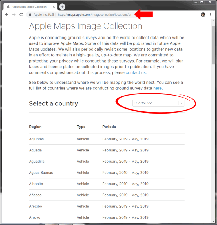 Página en la web de Apple que confirma sin lugar a dudas la agenda de Apple Maps en Puerto Rico (fuente: Apple)