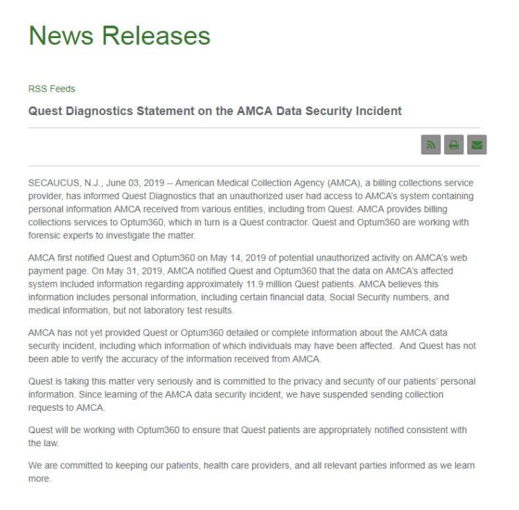 Comunicado emitido por Quest Diagnostics acerca de la brecha de seguridad en la información de aproximadamente 11.9 millones de pacientes (fuente: Quest Diagnostics)