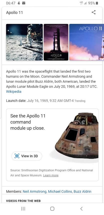 El "panel de conocimiento" de Google permite acceder el contenido relevante a la misión Apolo 11, incluyendo acceso a la representación en realidad aumentada (foto: Google)