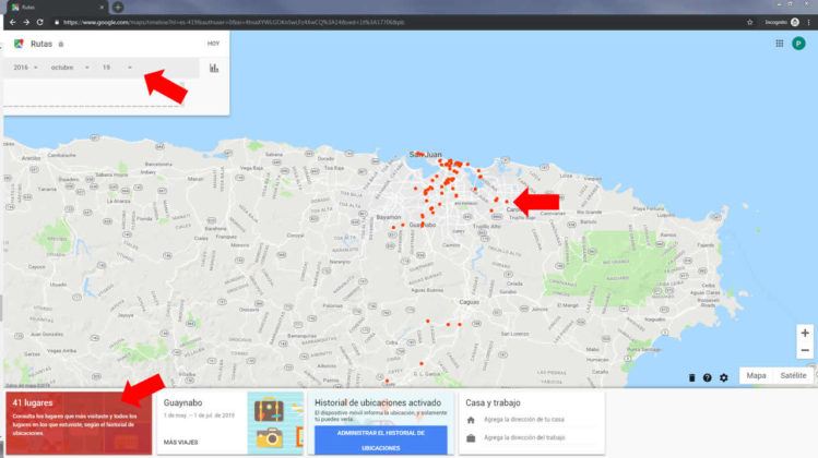 Con el sistema debidamente activado, podrás ver el historial de ubicación por fecha, tocando o haciendo click en los puntos rojos en el mapa, o en una lista disponible mediante la función en el menú inferior de la pantalla de Google Maps en una PC indicada con la flecha roja