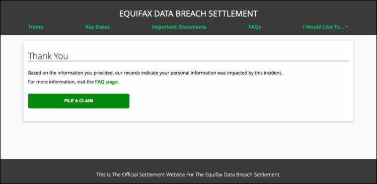 El segundo paso para reclamar a Equifax los $125 consiste en confirmar que quieres iniciar el proceso (fuente: Equifax)