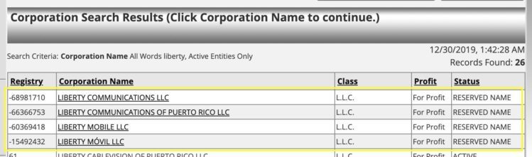 Registros de Liberty en el Departamento de Estado de Puerto Rico