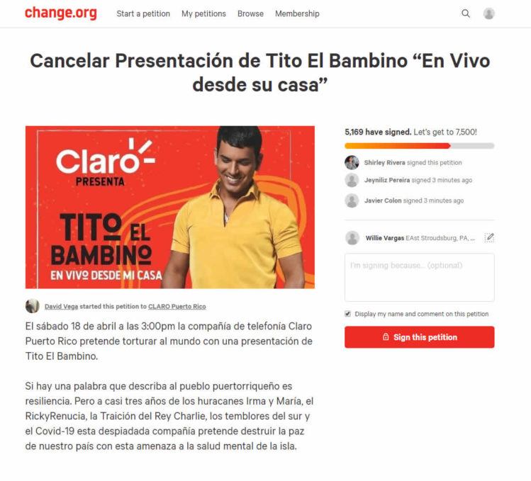 Así luce al momento de publicación la petición en Change.org solicitando la cancelación del concierto de Tito El Bambino que auspicia Claro Puerto Rico